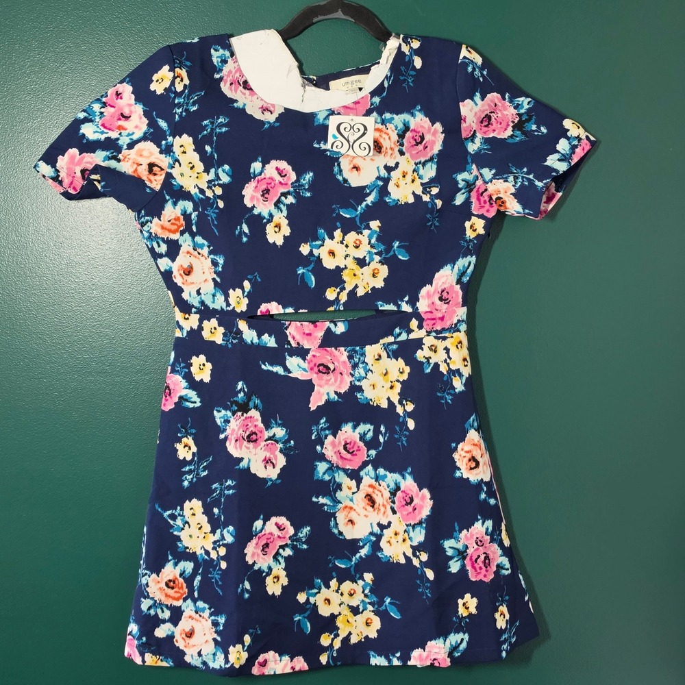 Umgee Navy Floral Mini Dress Peter Pan Collar Cutout Back Women Large